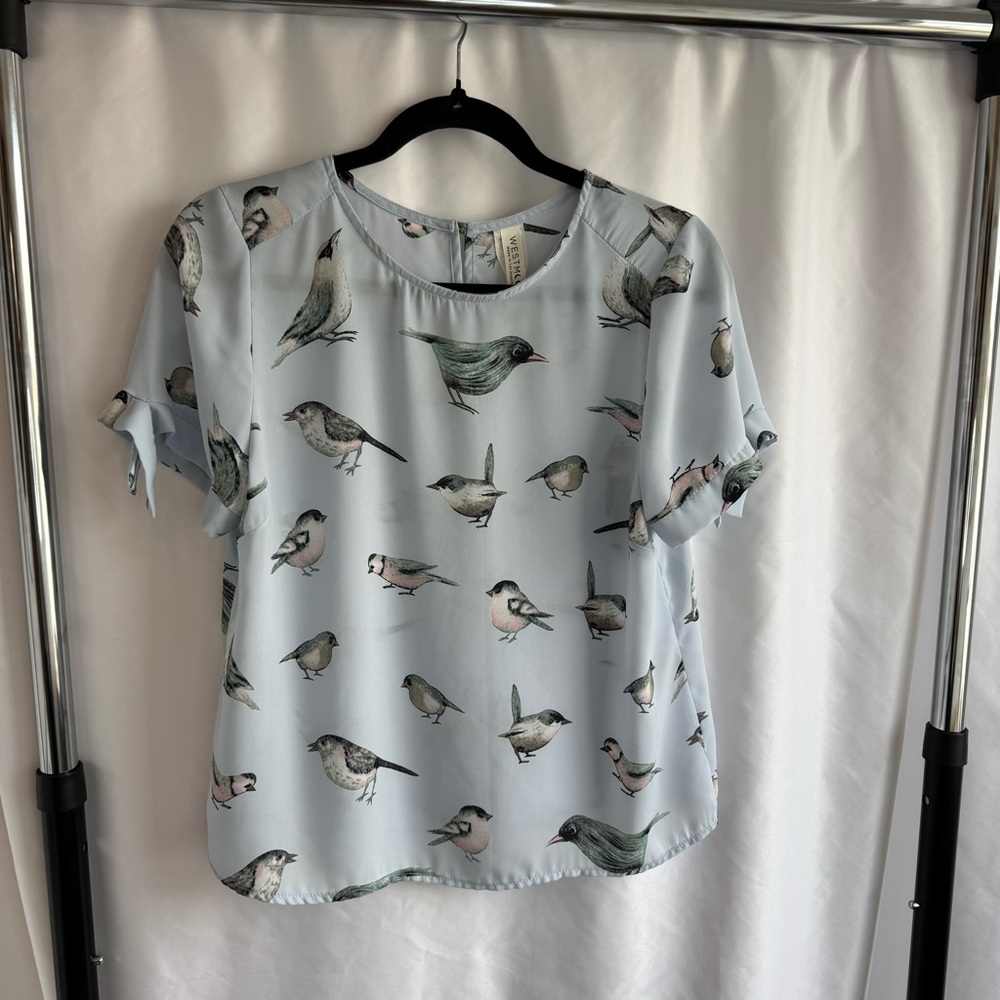 West Moon Blue Bird Print Blouse Medium Made in LA Cottagecore Whimsical Top